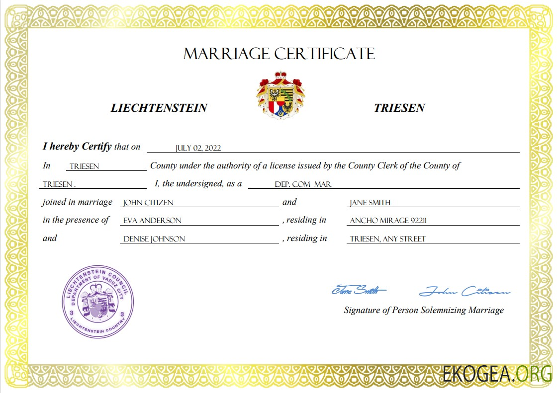 Modèle Word et PDF d'acte de mariage du Liechtenstein